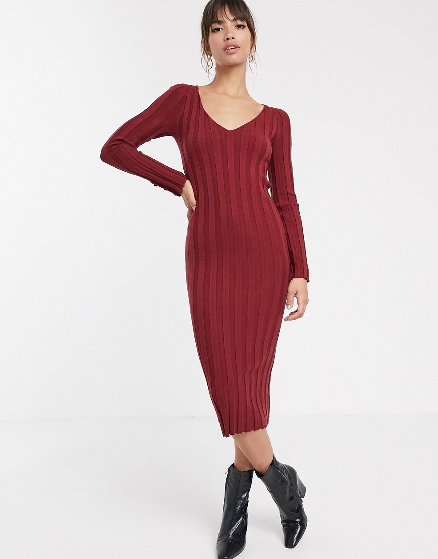 ASOS DESIGN - Geribbelde midi-jurk met knopen en V-hals-Rood