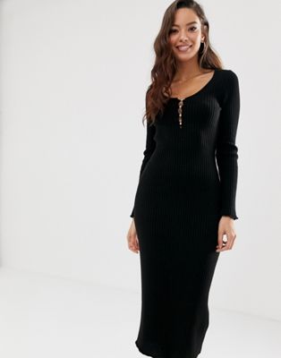 ASOS DESIGN - Geribbelde midi-jurk met lage ronde hals en knopen-Zwart