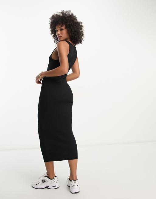 ASOS DESIGN - Geribbelde midi jurk met lage ronde hals in zwart , 2 van 4