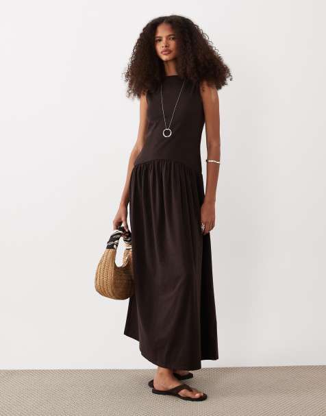 ASOS DESIGN - Geribbelde midi jurk met verlaagde taille in chocoladebruin - view 1