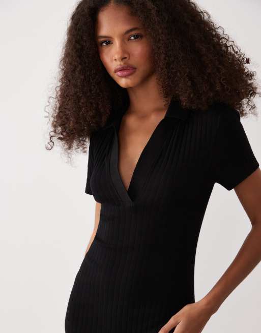 ASOS DESIGN - Geribbelde midi polojurk met korte mouwen in zwart, 3 van 4