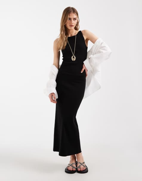 ASOS DESIGN - Geribbelde midi tankjurk in zwart - view 1
