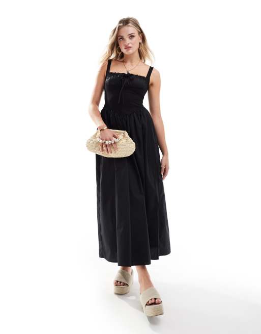 ASOS DESIGN - Geribbelde midi-tankjurk met rok van popeline in zwart