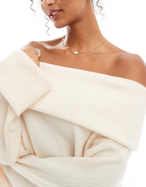 ASOS DESIGN - Geribbelde mini bardotjurk met omslag in lichtbeige, 3 van 4