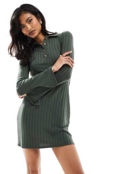 ASOS DESIGN - Geribbelde mini bodycon jurk met kraagje en lange mouwen in zeemos groen - view 1