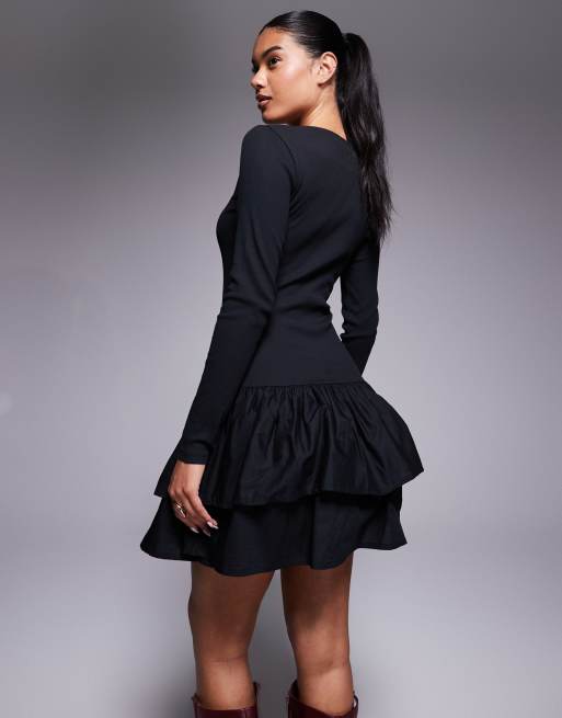 ASOS DESIGN - Geribbelde mini-jurk met geweven rok in zwart, 4 van 4