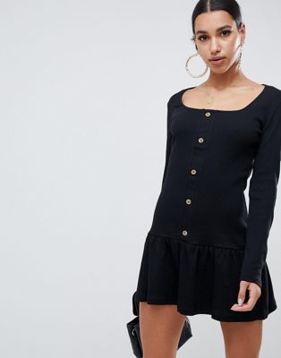 ASOS DESIGN - Geribbelde mini-jurk met knoop en strook-Zwart