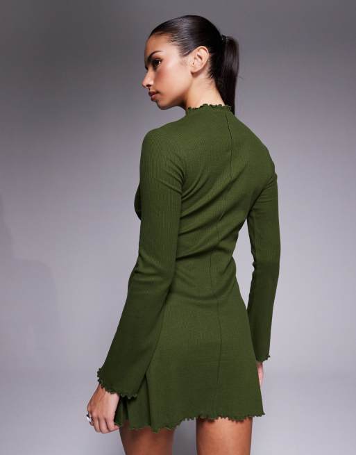 ASOS DESIGN - Geribbelde mini-jurk met lange mouwen en geschulpte zoom in kaki, 2 van 4