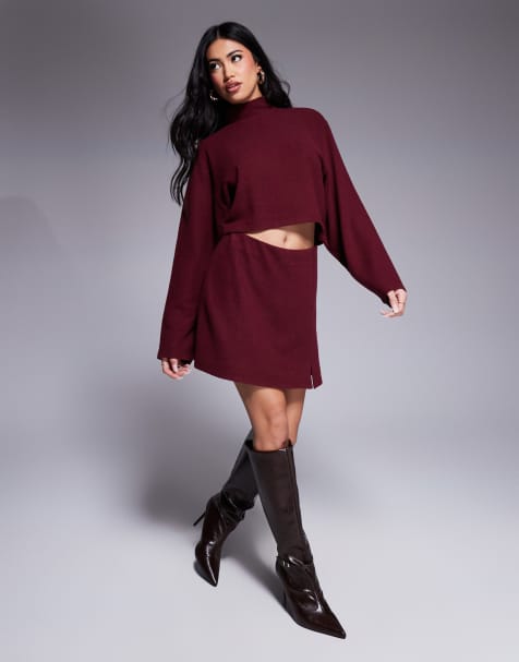 ASOS DESIGN - Geribbelde mini rok van jersey met splitdetail in bordeauxrood, deel van co-ord set - view 1