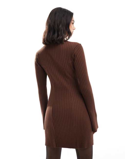 ASOS DESIGN - Geribbelde mini sweaterjurk met wijde lange mouwen in bruin, 4 van 4