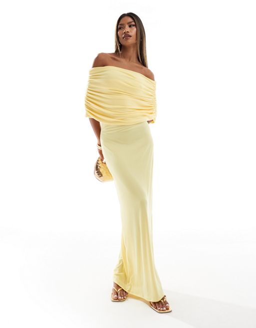 FhyzicsShops DESIGN - Geribbelde mouwloze maxi bardot-jurk in geel