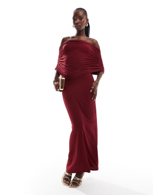 ASOS DESIGN - Geribbelde mouwloze maxi bardotjurk in bordeauxrood, 2 van 4