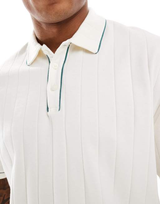 ASOS DESIGN - Geribbelde polo in ecru met groen randje, 4 van 4