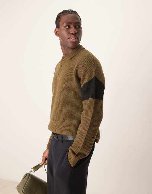 ASOS DESIGN - Geribbelde polotrui met ruimvallende rechte pasvorm in groen met zwart mouwpaneel