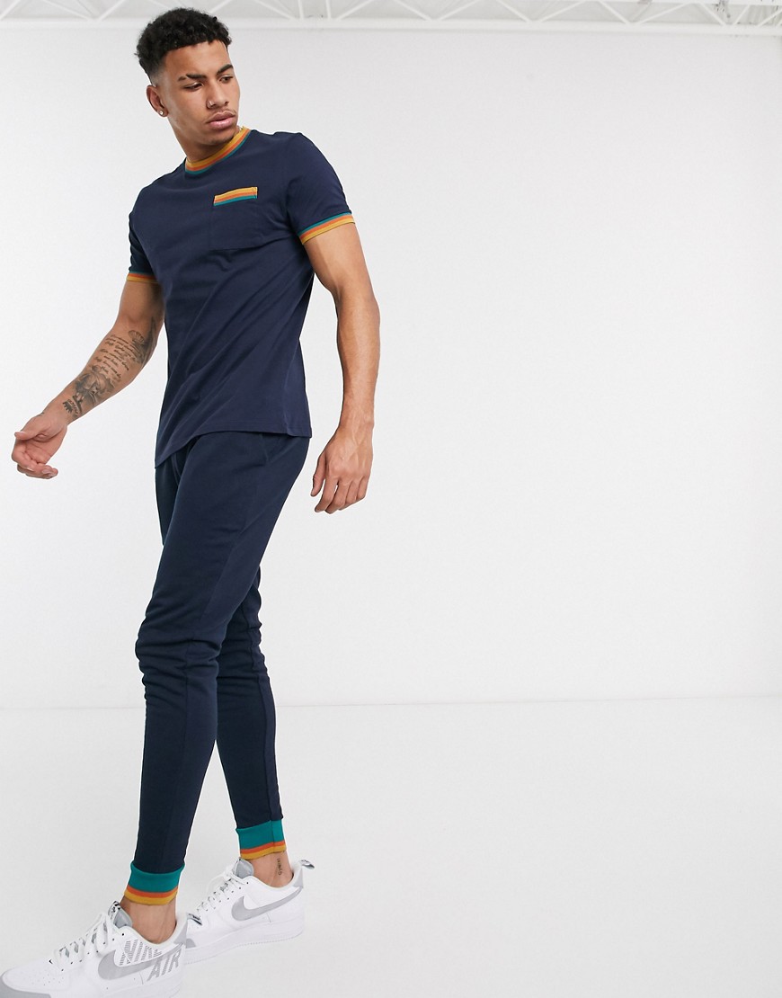 ASOS DESIGN - Geribbelde skinny joggingbroek in marineblauw met strepen, combi-set