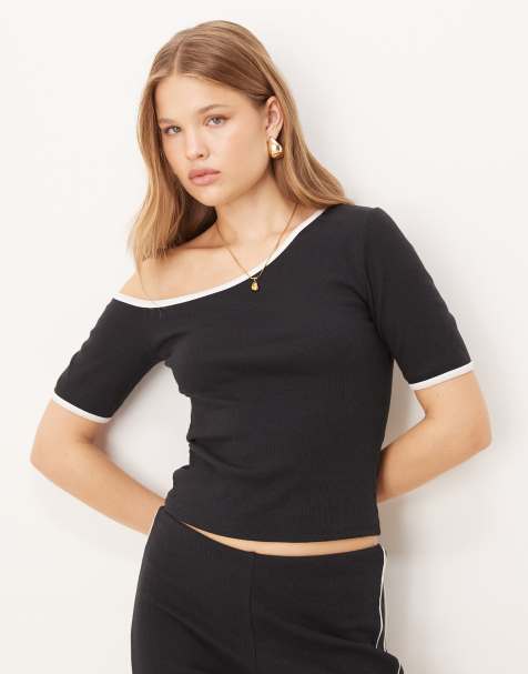ASOS DESIGN - Geribbelde top met blote schouder en contrasterende biezen in zwart - view 1