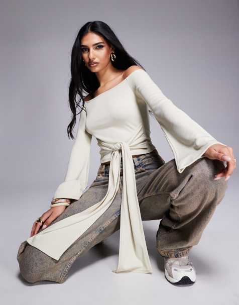 ASOS DESIGN - Geribbelde top met blote schouders en gestrikte taille in crème - view 1