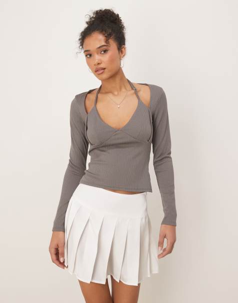 ASOS DESIGN - Geribbelde top met halternek en lange mouwen in grijs - view 1