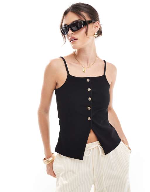 ASOS DESIGN - Geribbelde top met knoopsluiting en boothals in jaren 90 stijl in zwart