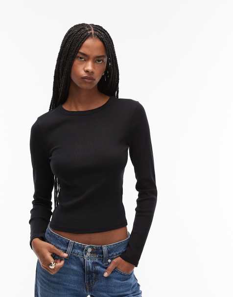 ASOS DESIGN - Geribbelde top met lange mouwen en ronde hals in zwart - view 1