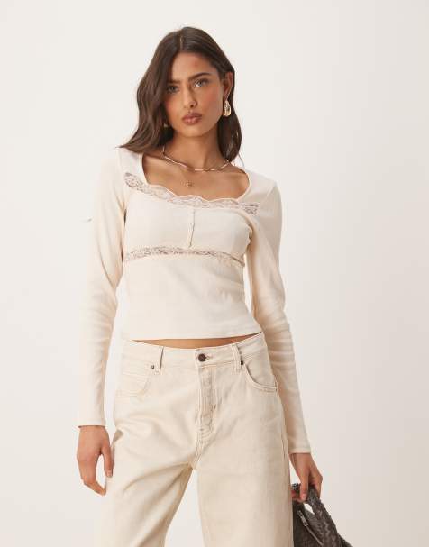 ASOS DESIGN - Geribbelde top met lange mouwen, kant en knopen in crème - view 1