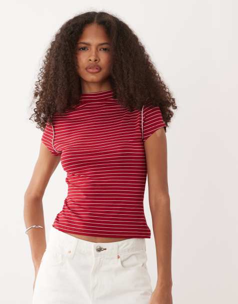 ASOS DESIGN - Geribbelde top met opstaande boord en zichtbare naden in rood en wit - view 1