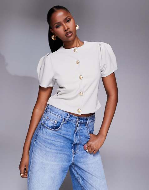 ASOS DESIGN - Geribbelde top met pofmouwen, structuur en knopen in stone - view 1