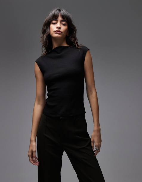 ASOS DESIGN - Geribbelde top met rechte hals in zwart - view 1