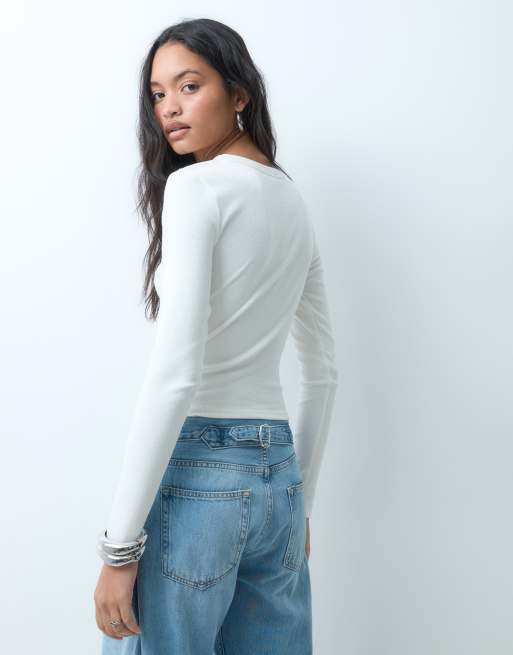 ASOS DESIGN - Geribbelde top met ronde hals en lange mouwen in crème, 5 van 5