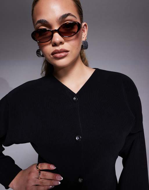 ASOS DESIGN - Geribbelde top met structuur, ballonmouwen en knoopsluiting in zwart, deel van co-ord set, 3 van 4