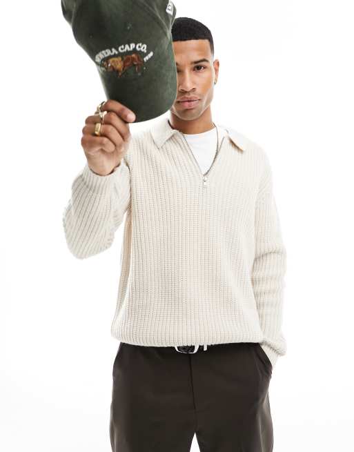 ASOS DESIGN - Geribbelde trui met 1/4 rits van zware wolmix in lichtbeige