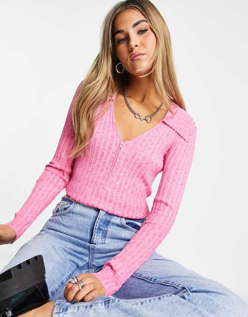 ASOS DESIGN - Geribbelde trui met rits aan de voorkant in roze space dye