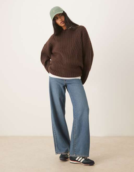 ASOS DESIGN - Geribbelde trui met ronde hals en lange pasvorm in chocoladebruin, 2 van 4