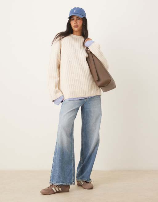 ASOS DESIGN - Geribbelde trui met ronde hals en lange pasvorm in crème, 2 van 4