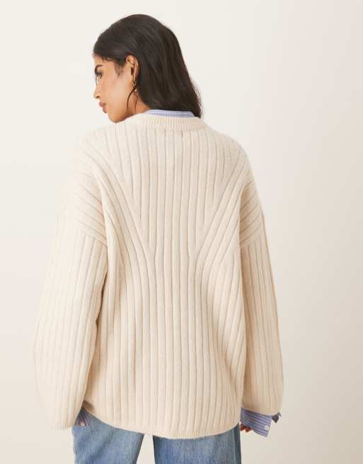ASOS DESIGN - Geribbelde trui met ronde hals en lange pasvorm in crème, 4 van 4