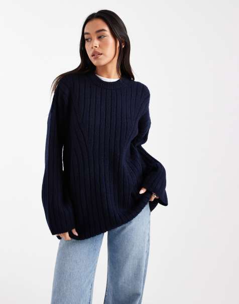 ASOS DESIGN - Geribbelde trui met ronde hals en lange pasvorm in marineblauw - view 1