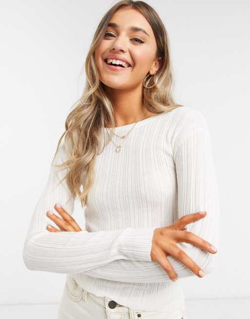 ASOS DESIGN - Geribbelde trui met ronde hals in crème, 3 van 4
