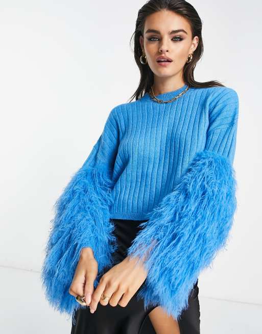 ASOS DESIGN - Geribbelde trui met veren aan de mouwen in blauw, 4 van 4