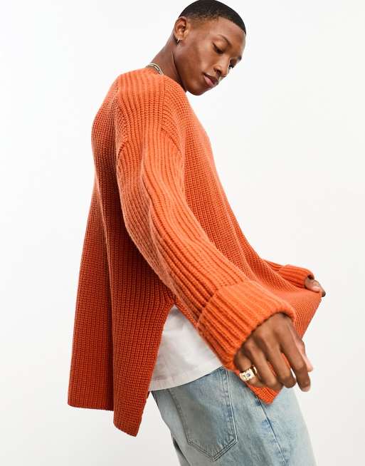 ASOS DESIGN - Geribbelde trui van zware wolmix met zijsplitten in gebrand oranje