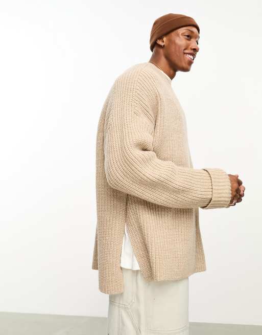 ASOS DESIGN - Geribbelde trui van zware wolmix met zijsplitten in lichtbeige