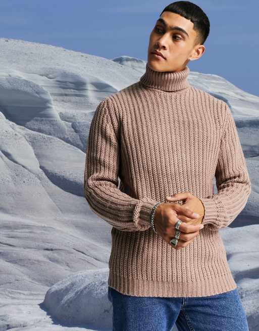 ASOS DESIGN - Geribbelde visserstrui met col van zwaar breisel in roze