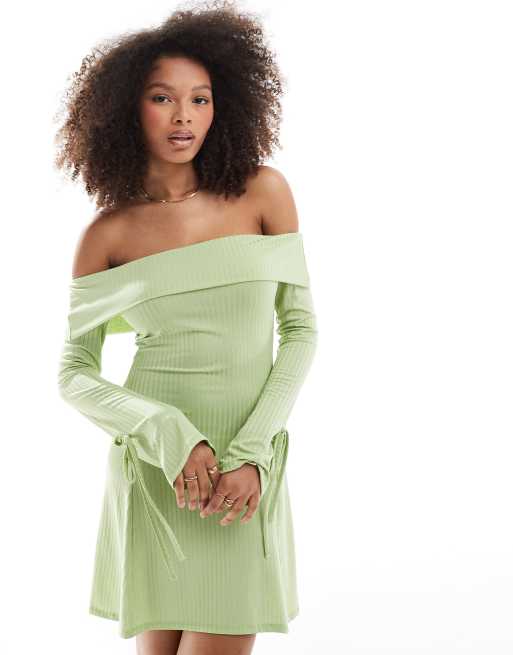 ASOS DESIGN - Geribde bardot mini jurk met lange strikmouwen in lichtgroen, 4 van 4