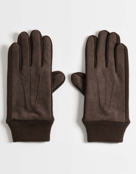 ASOS DESIGN geribde jersey- en imitatiesuèdehandschoenen in mushroom - view 1