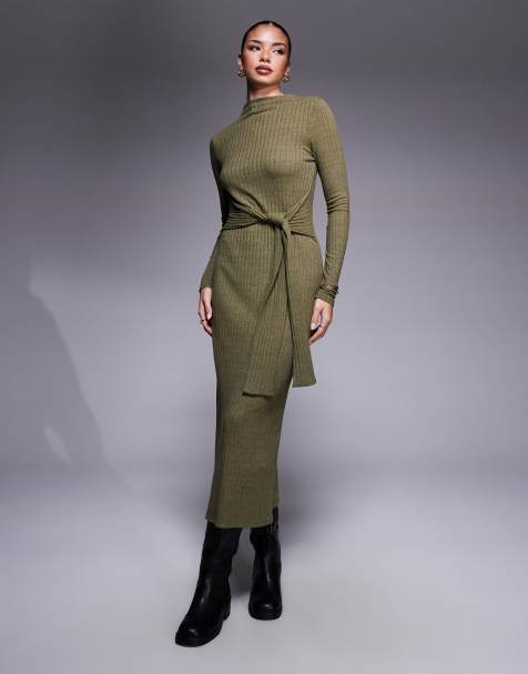 ASOS DESIGN - Geribde midi jurk met lange mouwen, een hoge hals en gestrikte voorkant in kaki - view 1