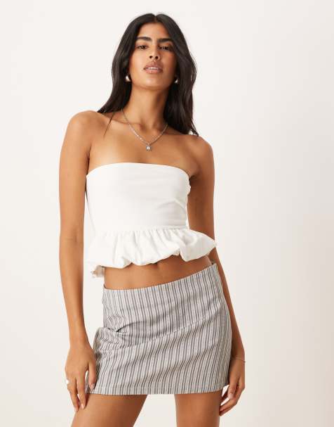 ASOS DESIGN - Gerimpelde bandeau-top van katoen met pofzoom in ivoor - view 1