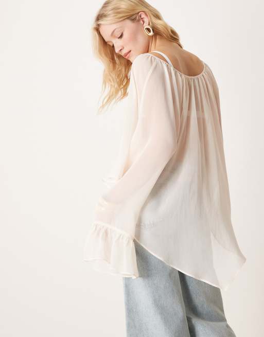 ASOS DESIGN - Gerimpelde boho blouse van chiffon met volumineuze zoom in crème, 3 van 4