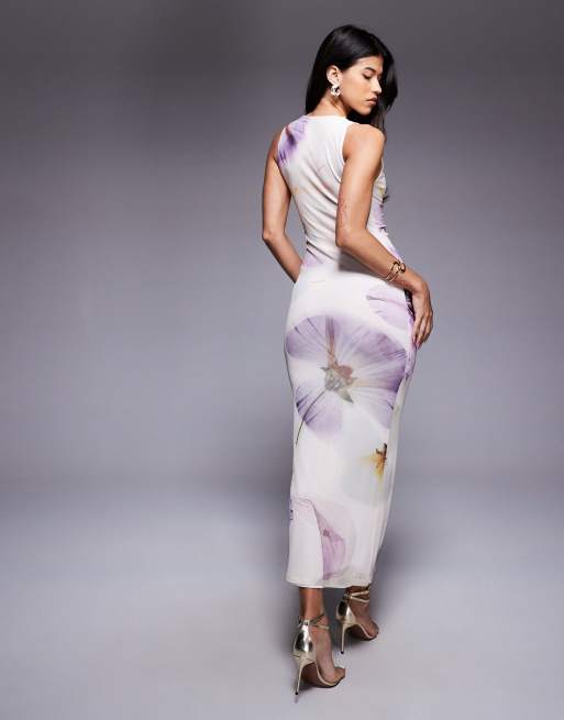 ASOS DESIGN - Gerimpelde diepuitgesneden maxi-jurk met uitsnijdingen in bloemenprint, 2 van 4