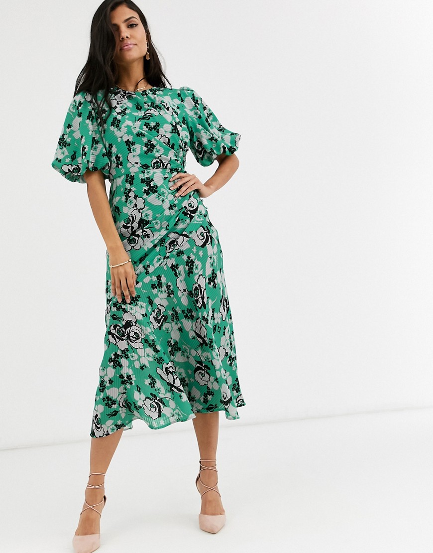 ASOS DESIGN - Gerimpelde lange jurk met pofmouwen in bloemenprint-Multi