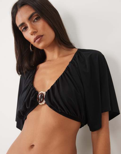 ASOS DESIGN gerimpelde luchtige crop top met schelpdetail in zwart, 3 van 4