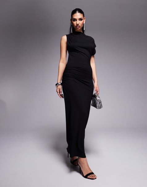 ASOS DESIGN - Gerimpelde maxi jurk met afhangende schouder in zwart - view 1